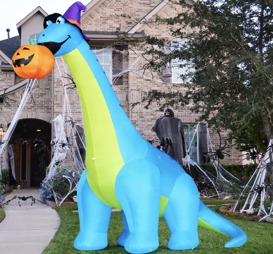 10 FT Tall Dinosaurs Eating Pumpkin Blow Up Yard Decoration, best halloween yard decorations